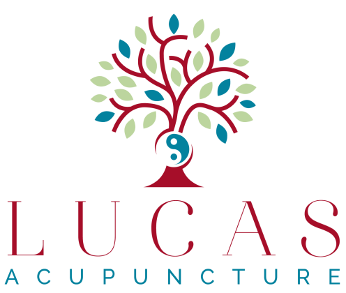 A tree with teal and sage green leaves, a maroon trunk, and the text "LUCAS ACUPUNCTURE" below.