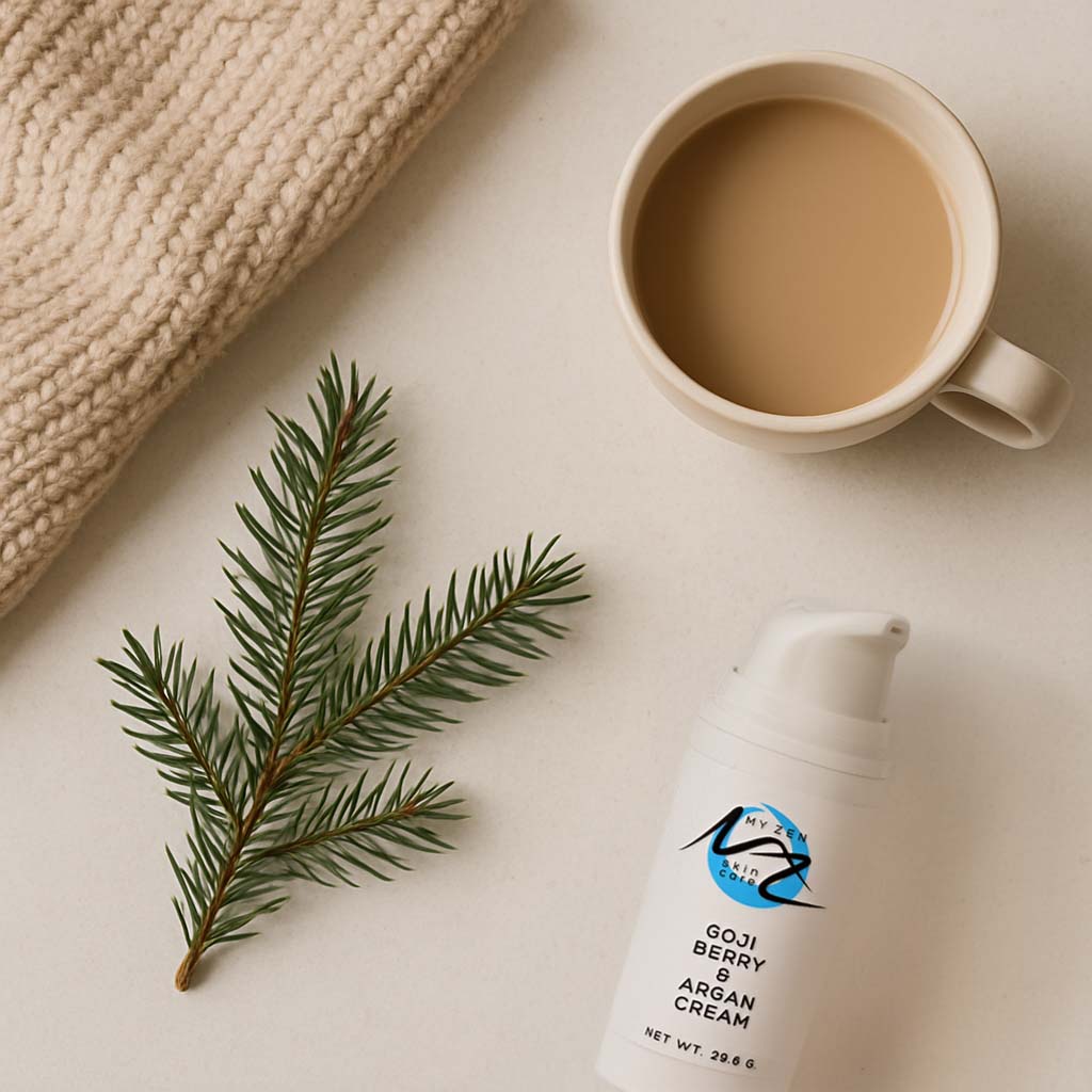 A flat lay of a mug of coffee, a knitted sweater sleeve, a pine branch, and a bottle of lotion on a neutral background.